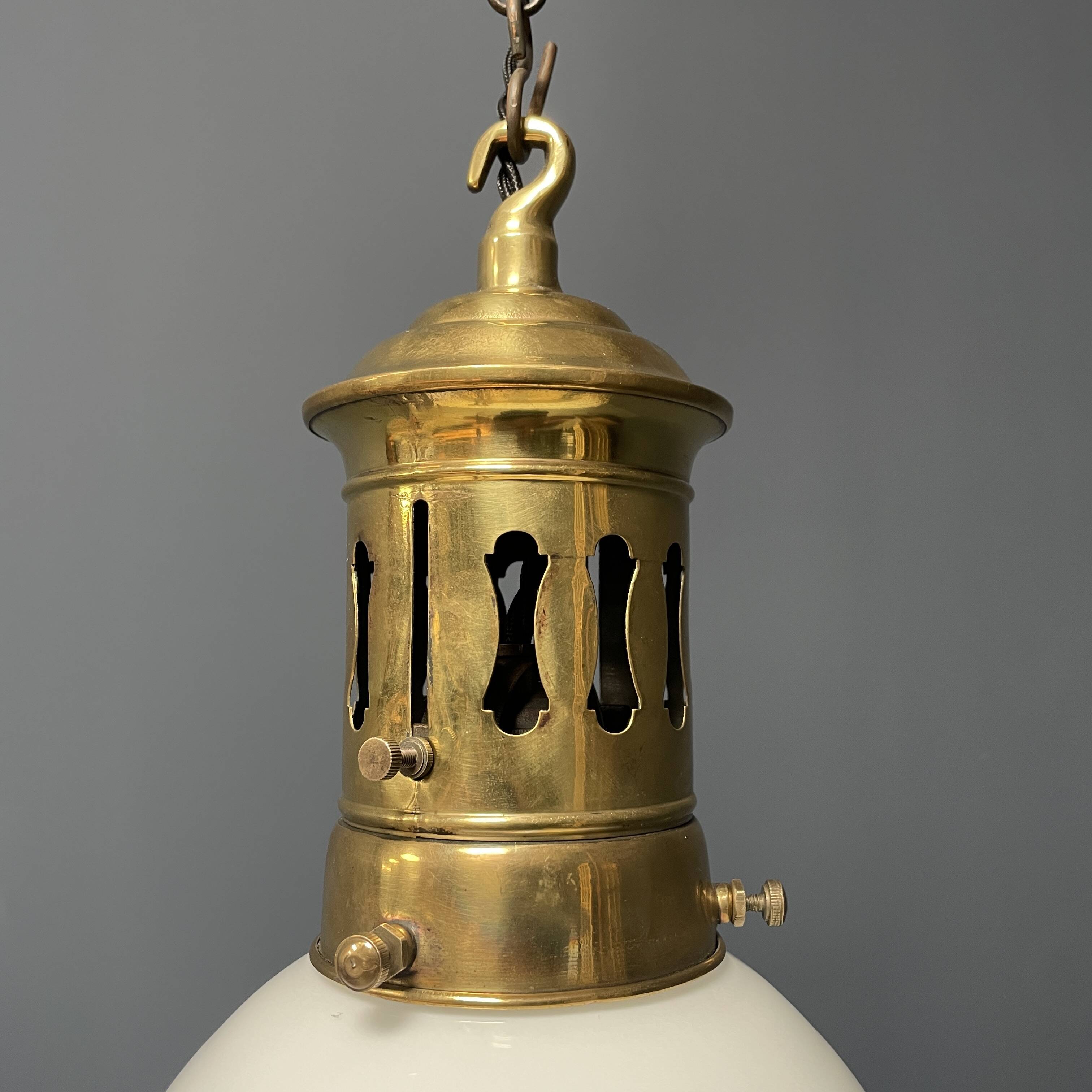 Opaline glass pendant lamp with elegant brass fixture