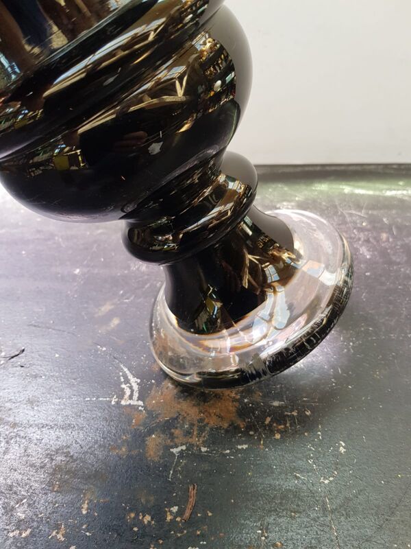 Ancien Vase Forme Médicis Verre Multicouche Noire & Transparent Vintage