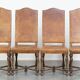 Set of 4 antique wooden and sheepskin leather dining chairs