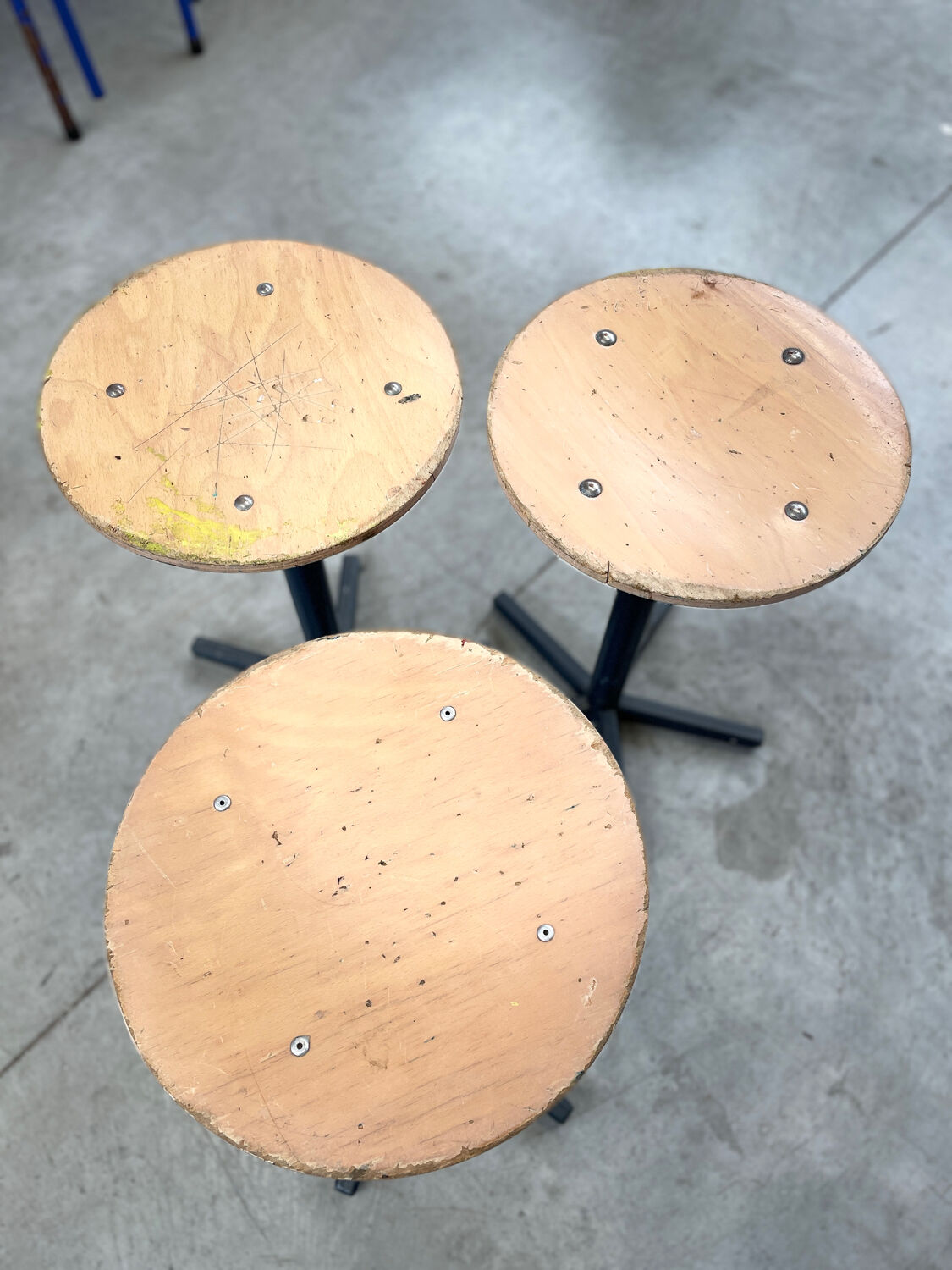 Industrial metal and wood stools with star legs Netherlands 1970s