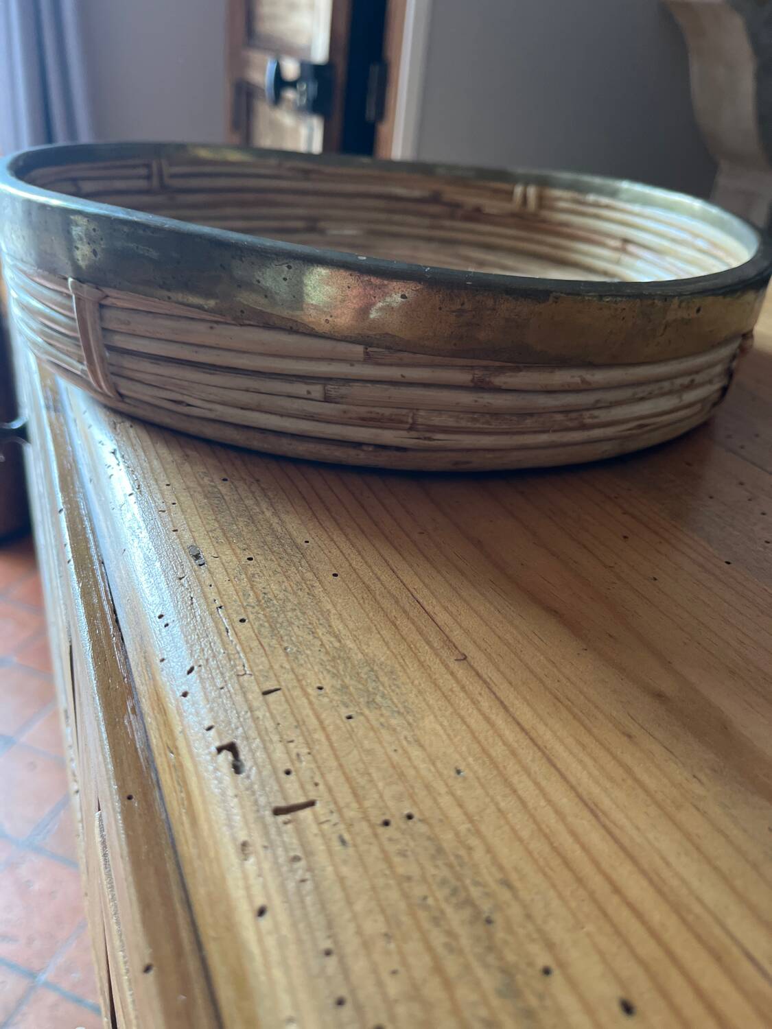 Rattan and brass tray