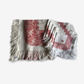 Nappe carrée rouge et blanche 140x140 et 6 serviettes