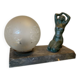 Art Deco lamp with woman and opaline globe on marble