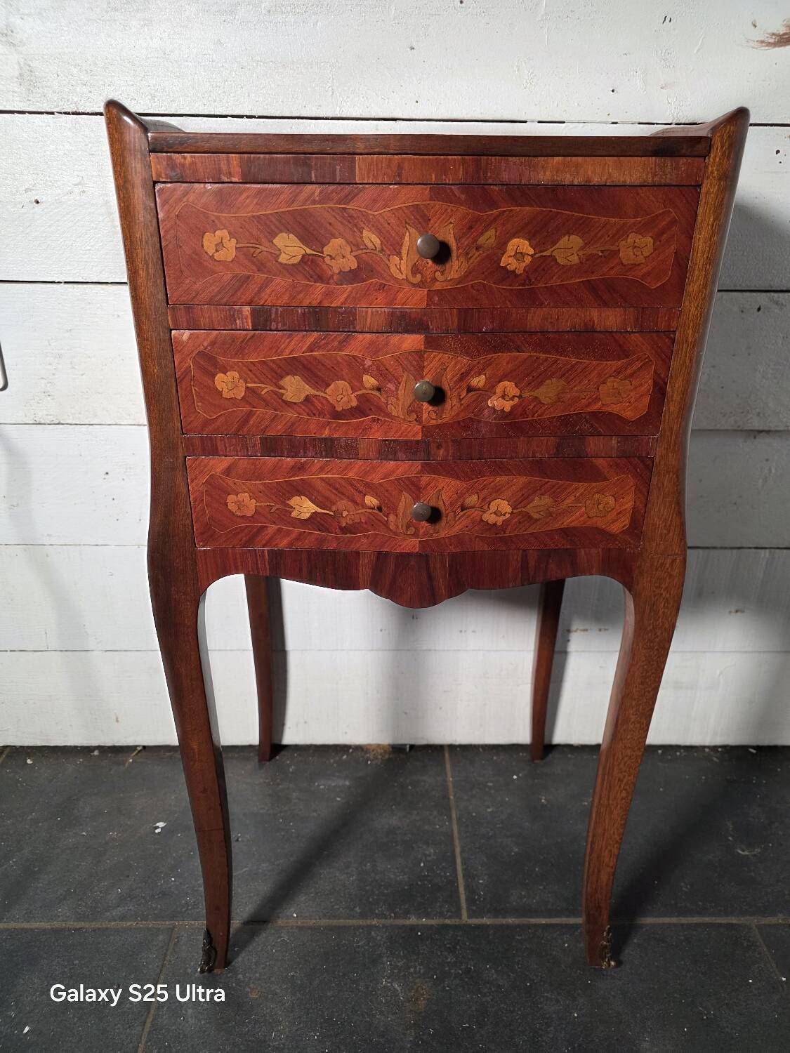 Louis XV style bedside table in marquetry with 3 drawers.
