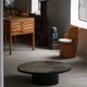 Round brutalist coffee table in stone and steel, mid-century French modernism, 1970s.