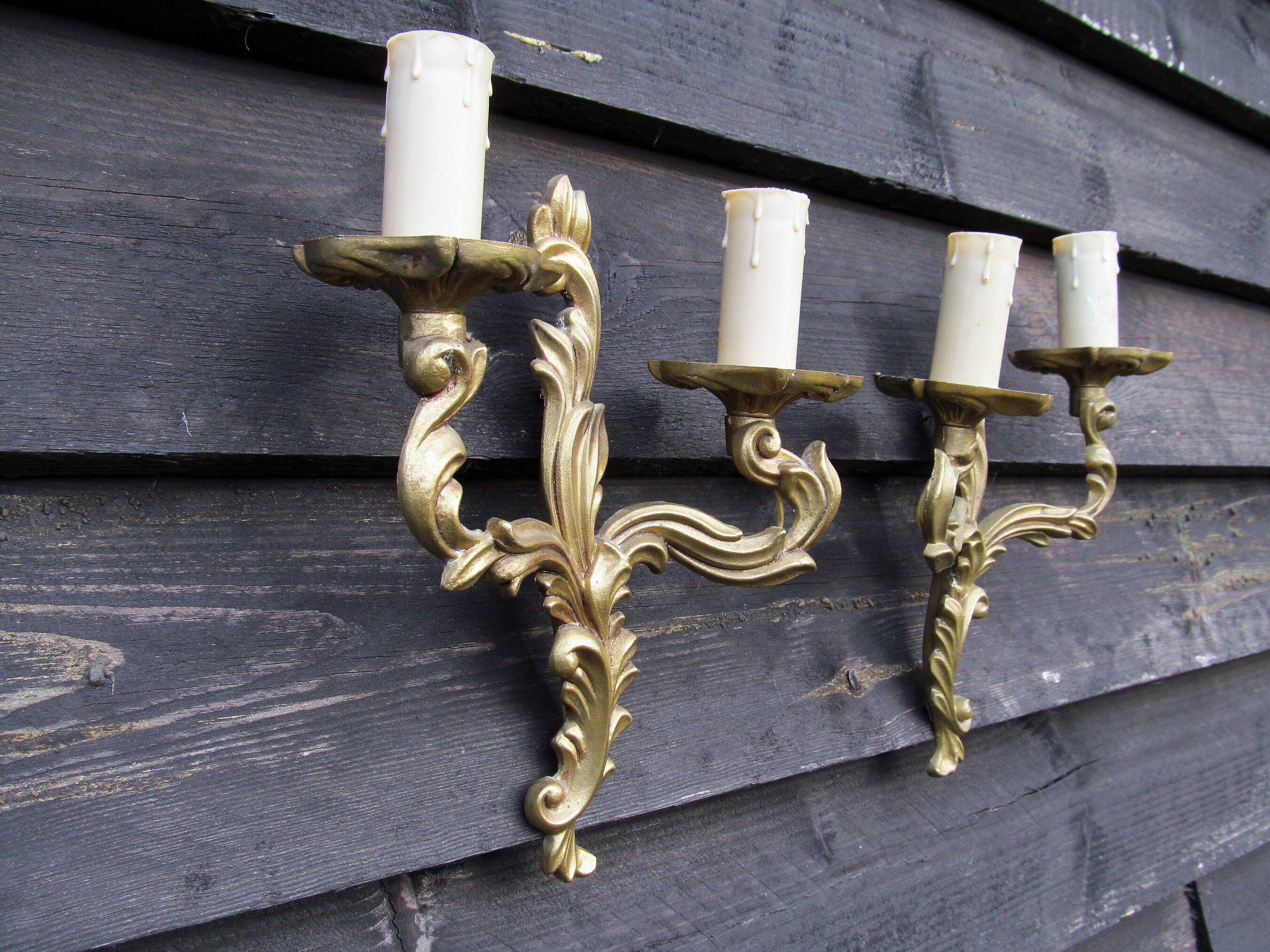 Petite pair of vintage French bronze brass mix 2 arm wall lights sconces revamp rewire