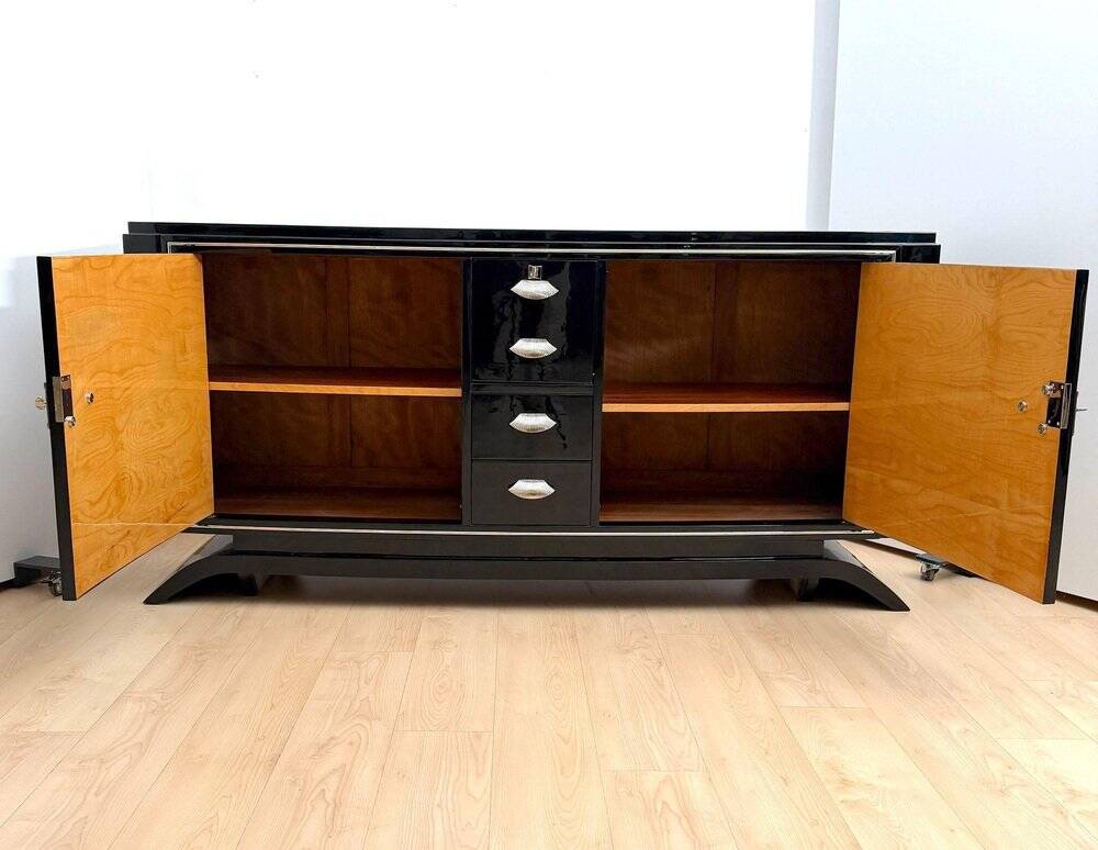 Art Deco Sideboard in Black Lacquer, Maple & Chrome, France, 1930