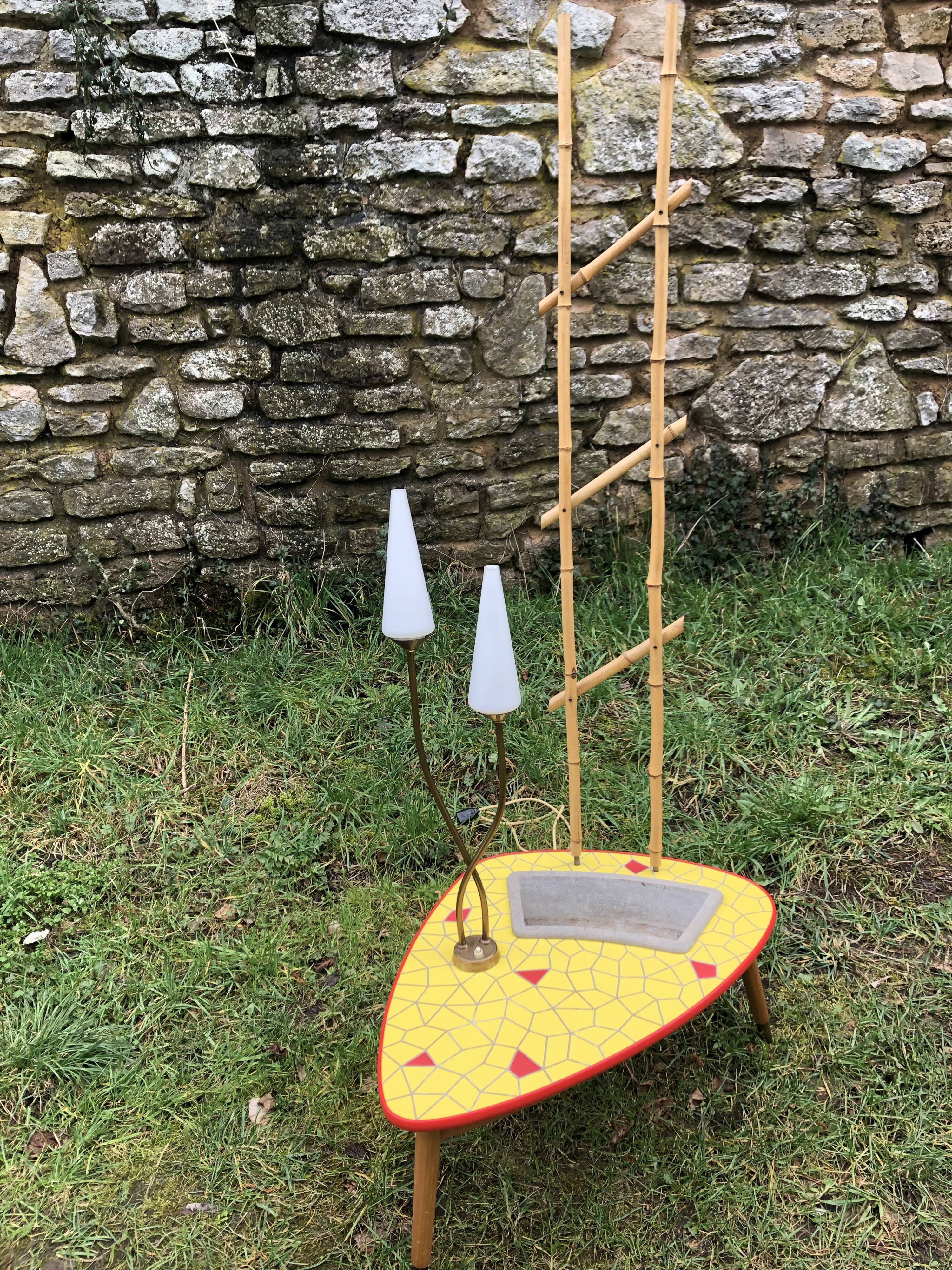 Ceramic mosaic coffee table with planter and light fixture 2 arms 60s