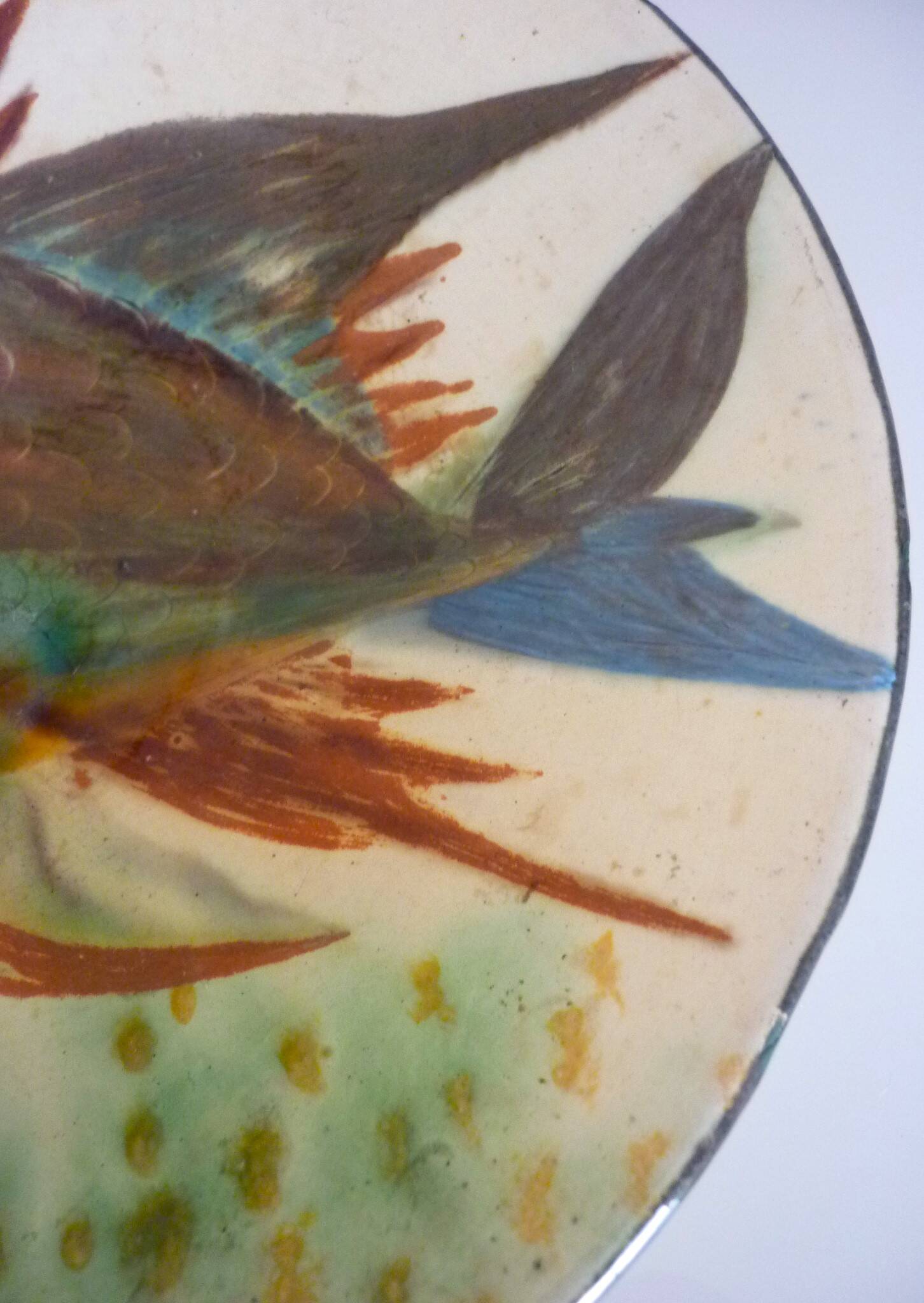 Ceramic dish, enameled terracotta, signed Puigdemont, 1960s, fish