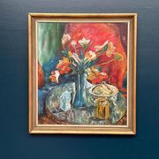 Original Scandinavian Oil On Panel – Unknown Artist – “Vase” – Vintage & Framed – 70 × 79 Cm