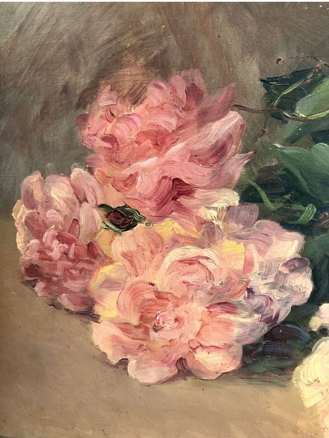 François Félix Roubaud Still life oil on wooden panel bouquet roses peonies XIX