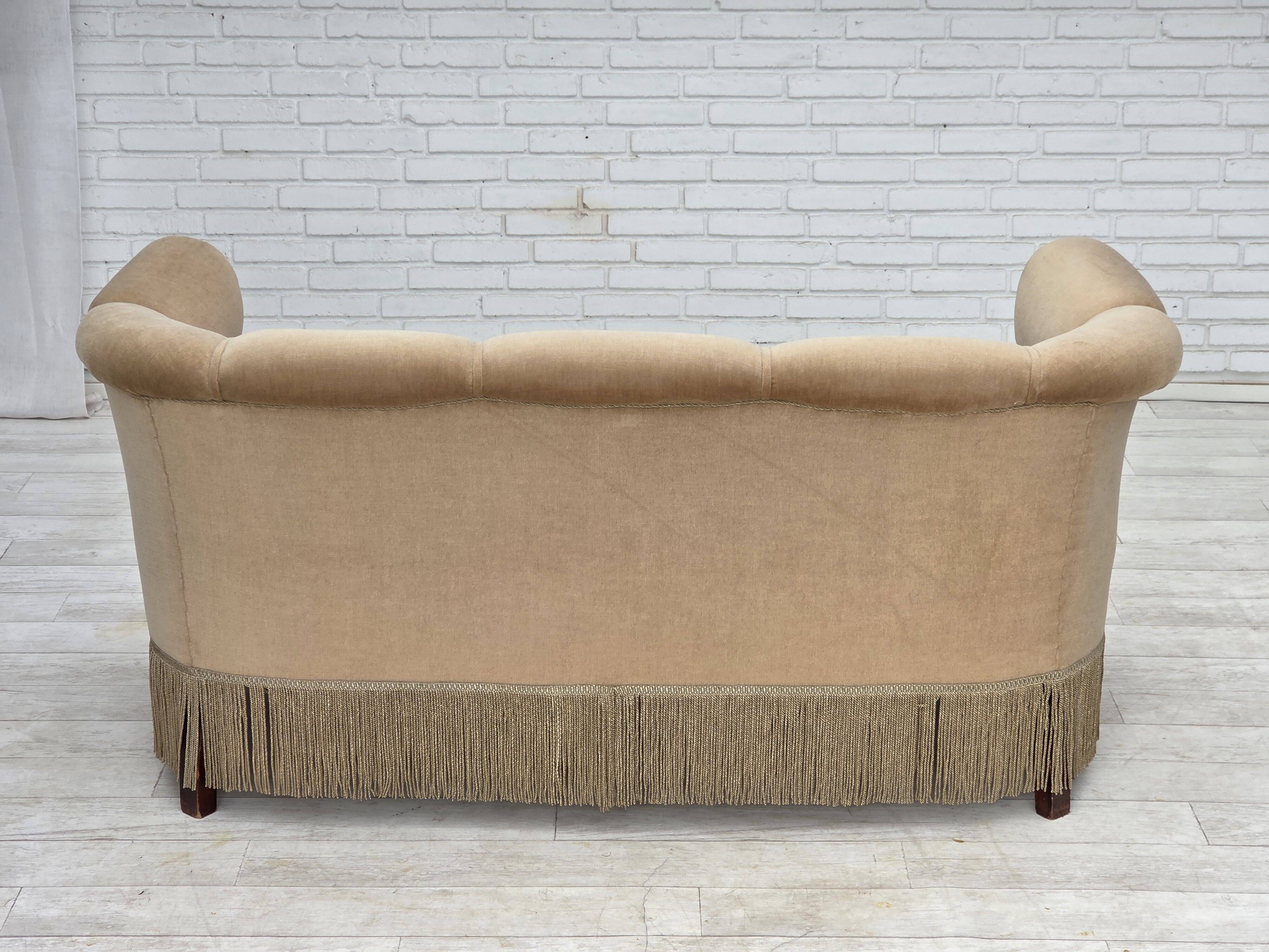 1950s, Danish 2-seater sofa, furniture velour, teak wood legs.