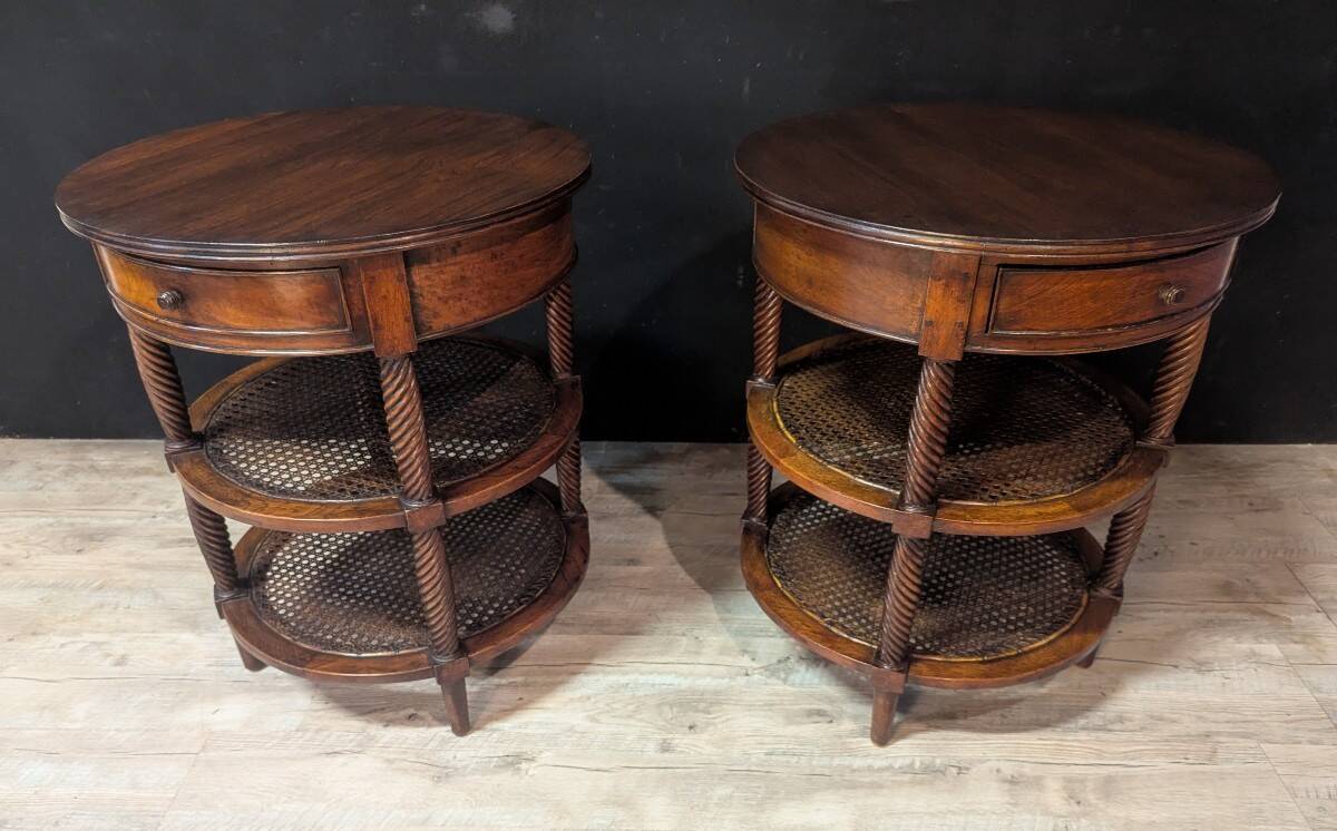 Pair of oval mahogany side tables with caned shelves – 19th century