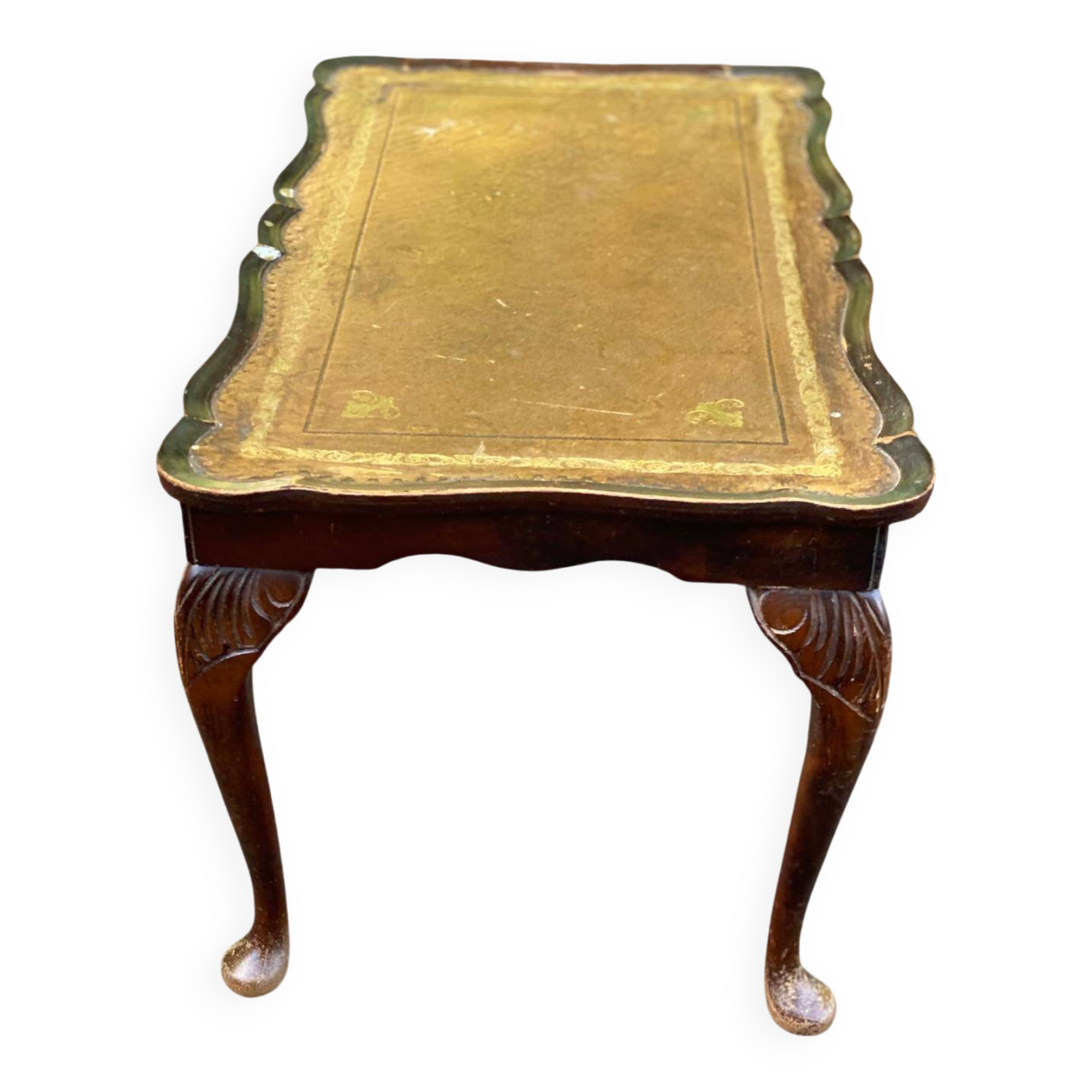 English Chippendale coffee table in solid wood and leather