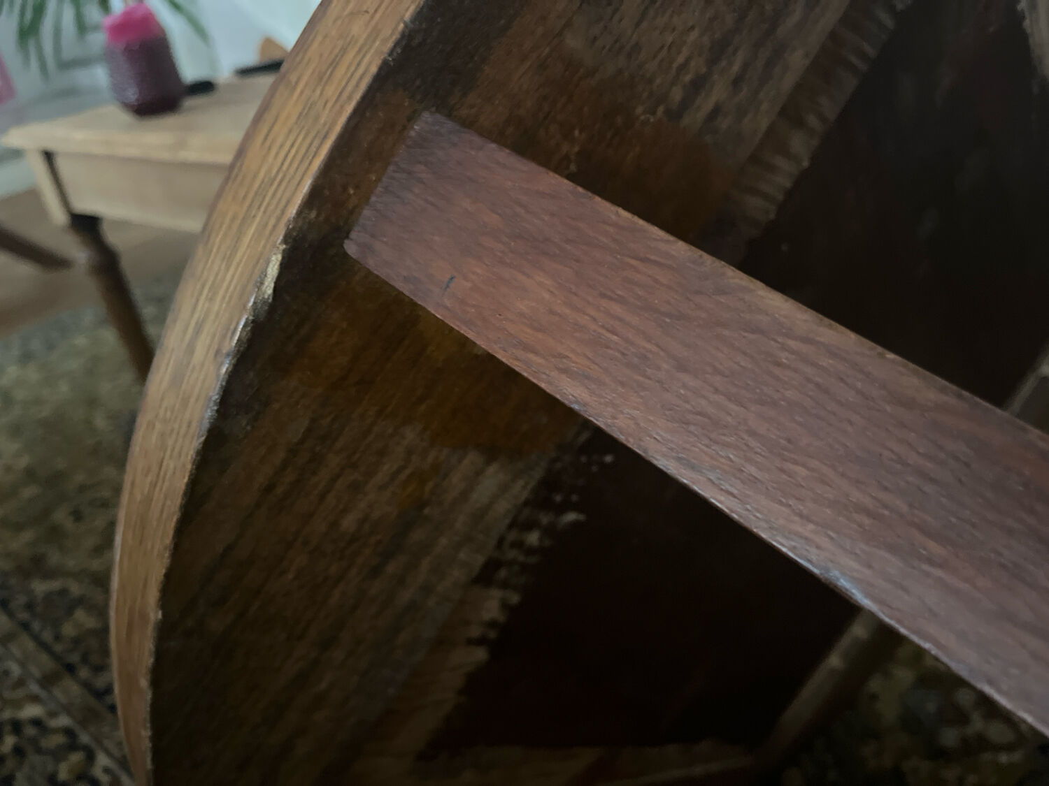 Low round art deco table in honey wood