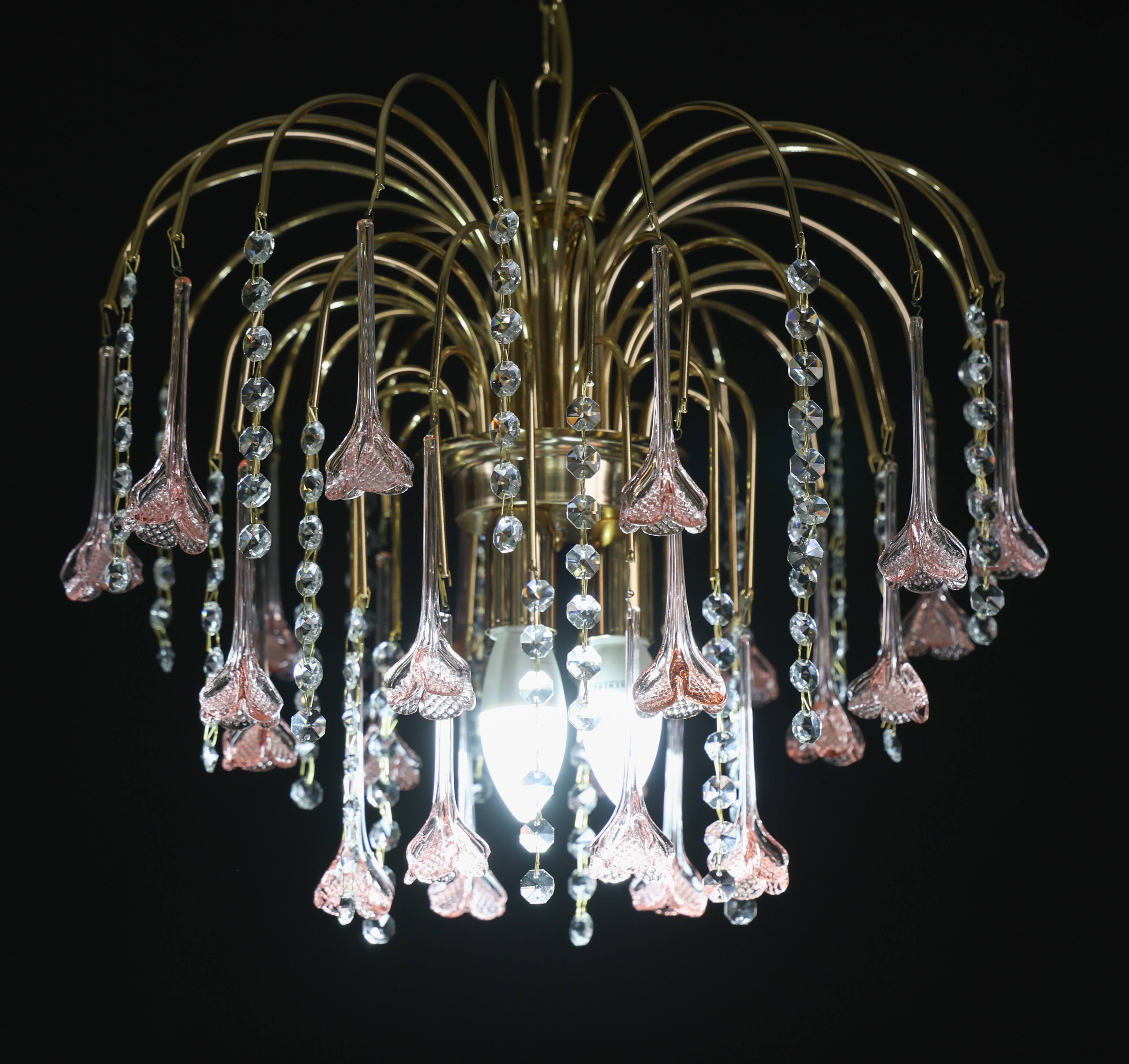 Set of 2 Meryl Streep, Pink Murano Flowers and Crystal Drops Chandelier, 19