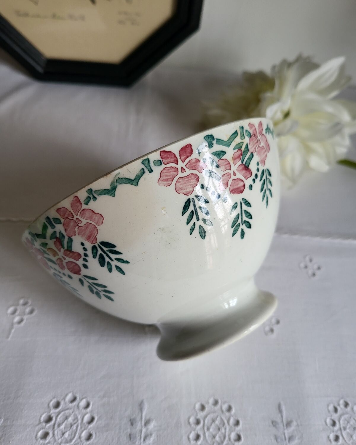 Old Bowl in Earthenware with Flower Decoration Marked underneath M