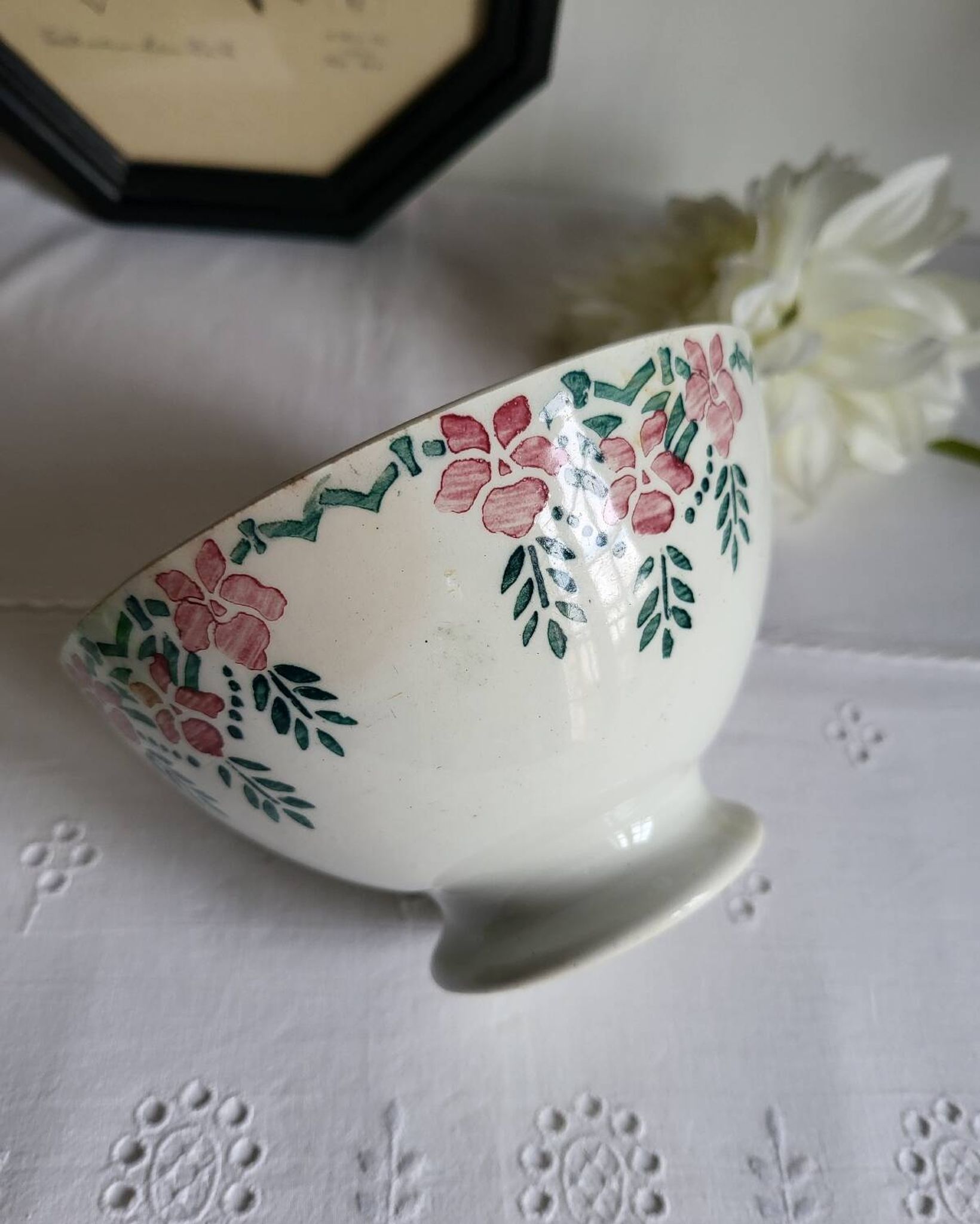 Old Bowl in Earthenware with Flower Decoration Marked underneath M
