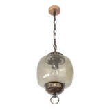 Vintage Copper Pendant Light Amber Glass Mid Century Modern Ceiling Lanter