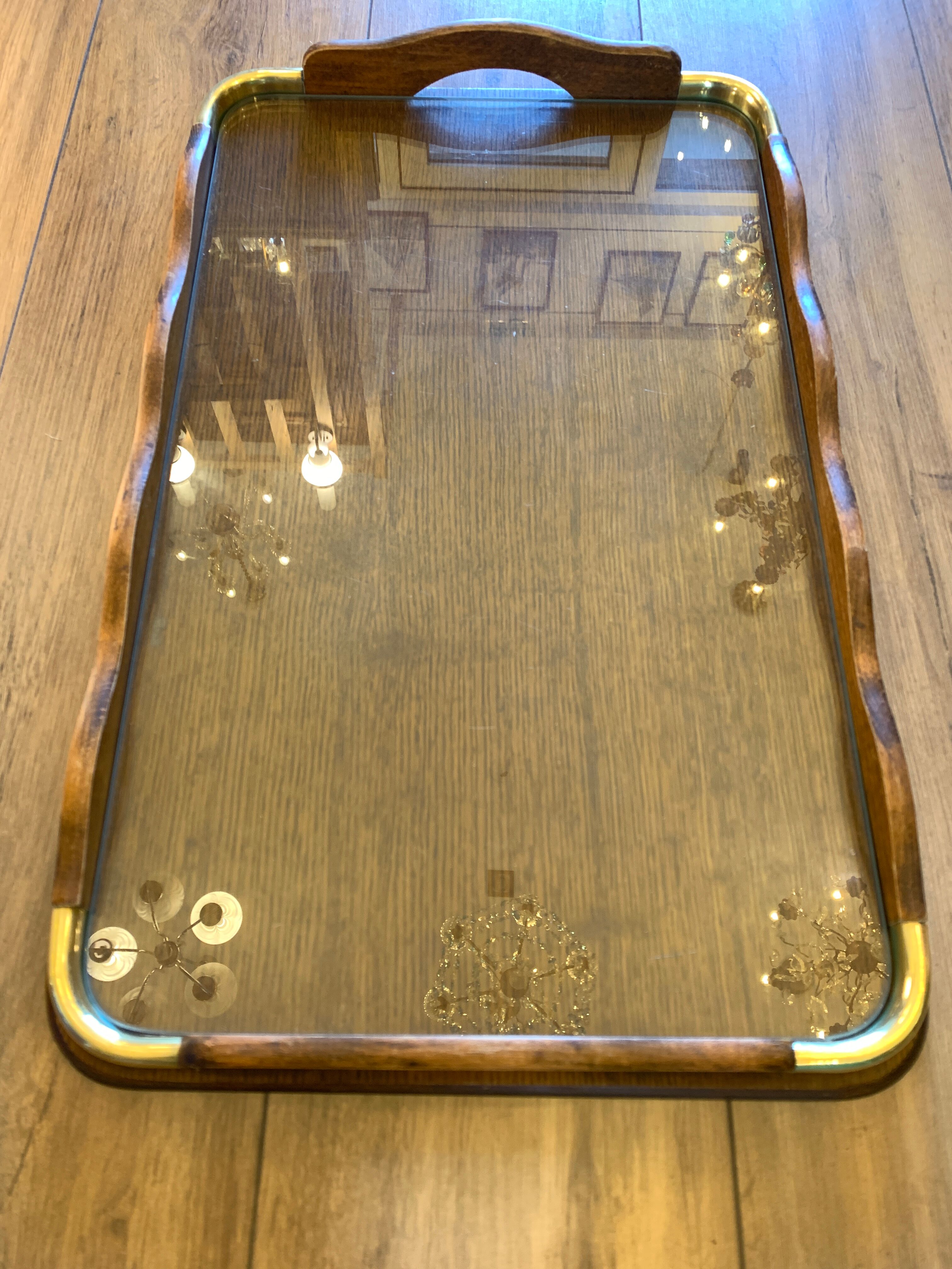 Serving tray in wood, brass and glass, 1960