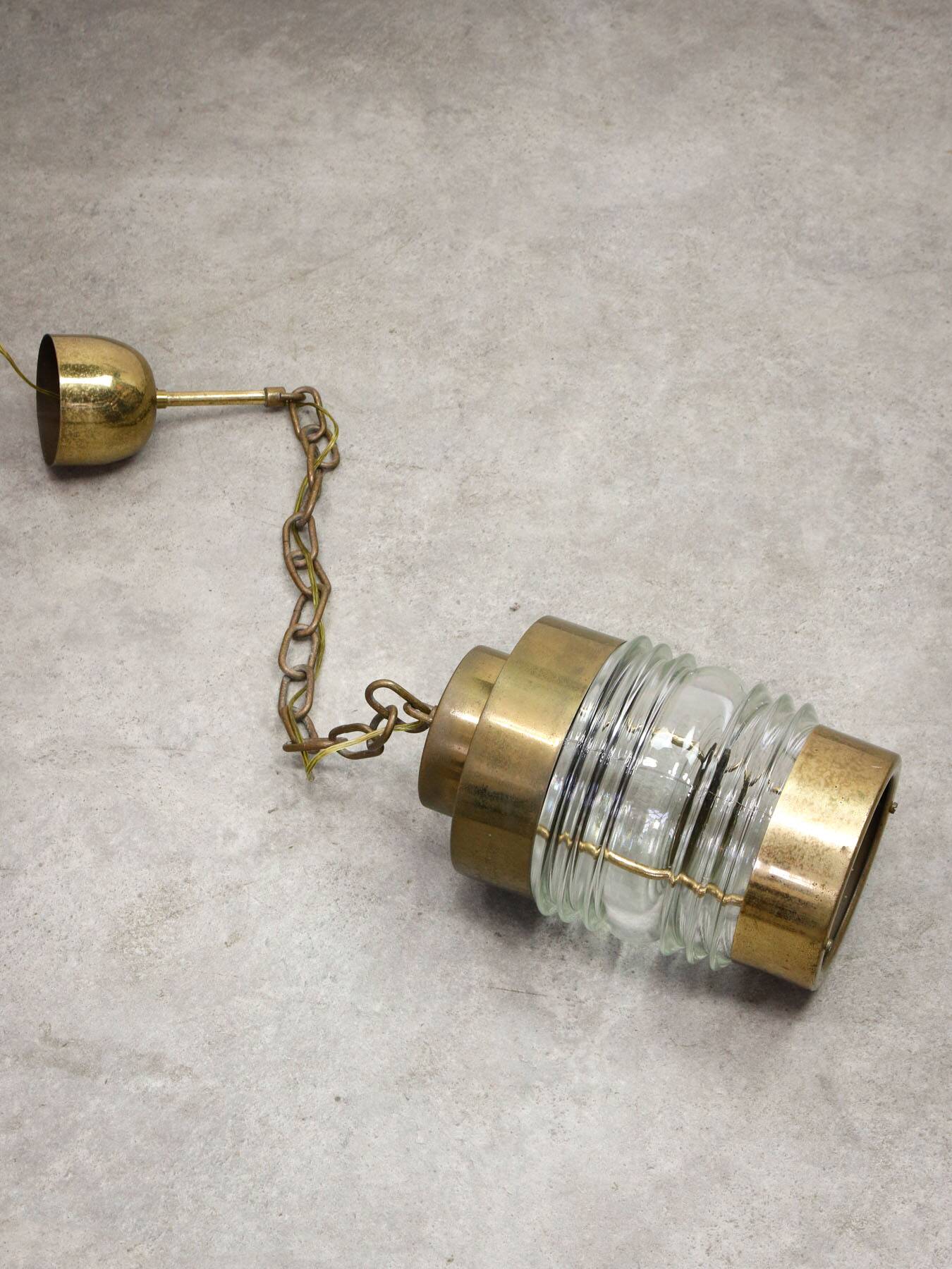 Vintage Italian Brass and Glass Lantern Pendant Lamp, 60s