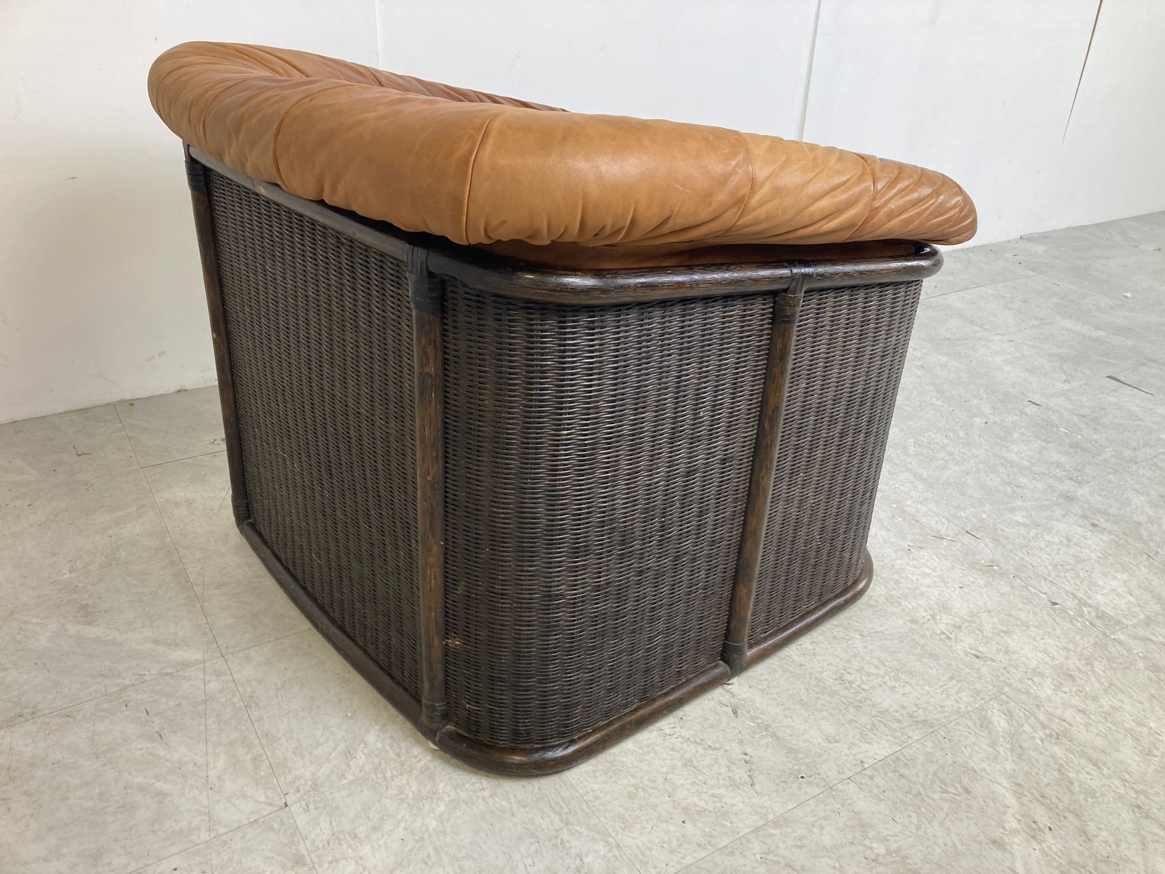 Vintage wicker and leather sofa set 1960s