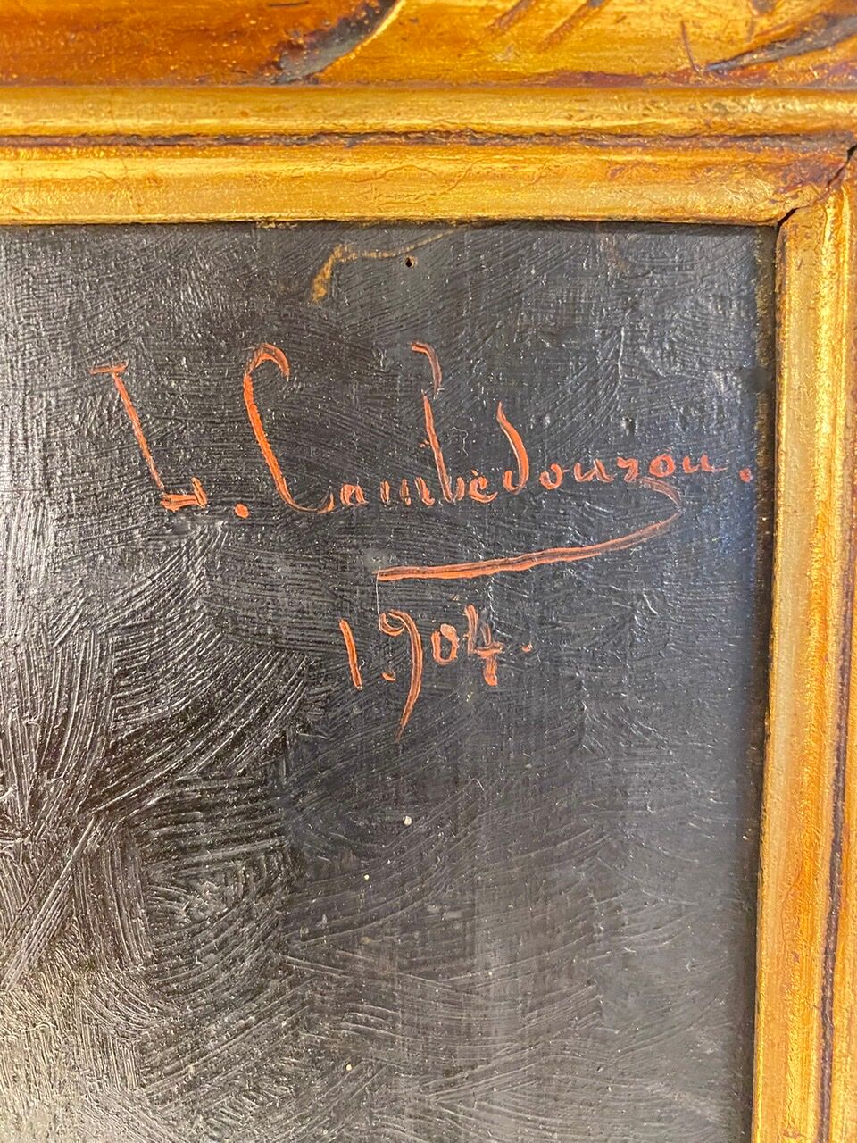 Old painting, the seamstress, signed L Cambedouzou and dated 1904