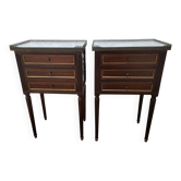 Pair of Louis XVI bedside tables in mahogany - white marble - 3 drawers - gilded