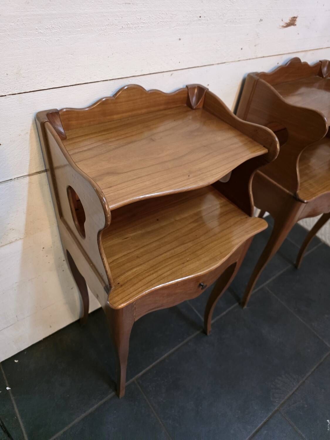 Pair of Louis XV style curved bedside tables in cherry wood
