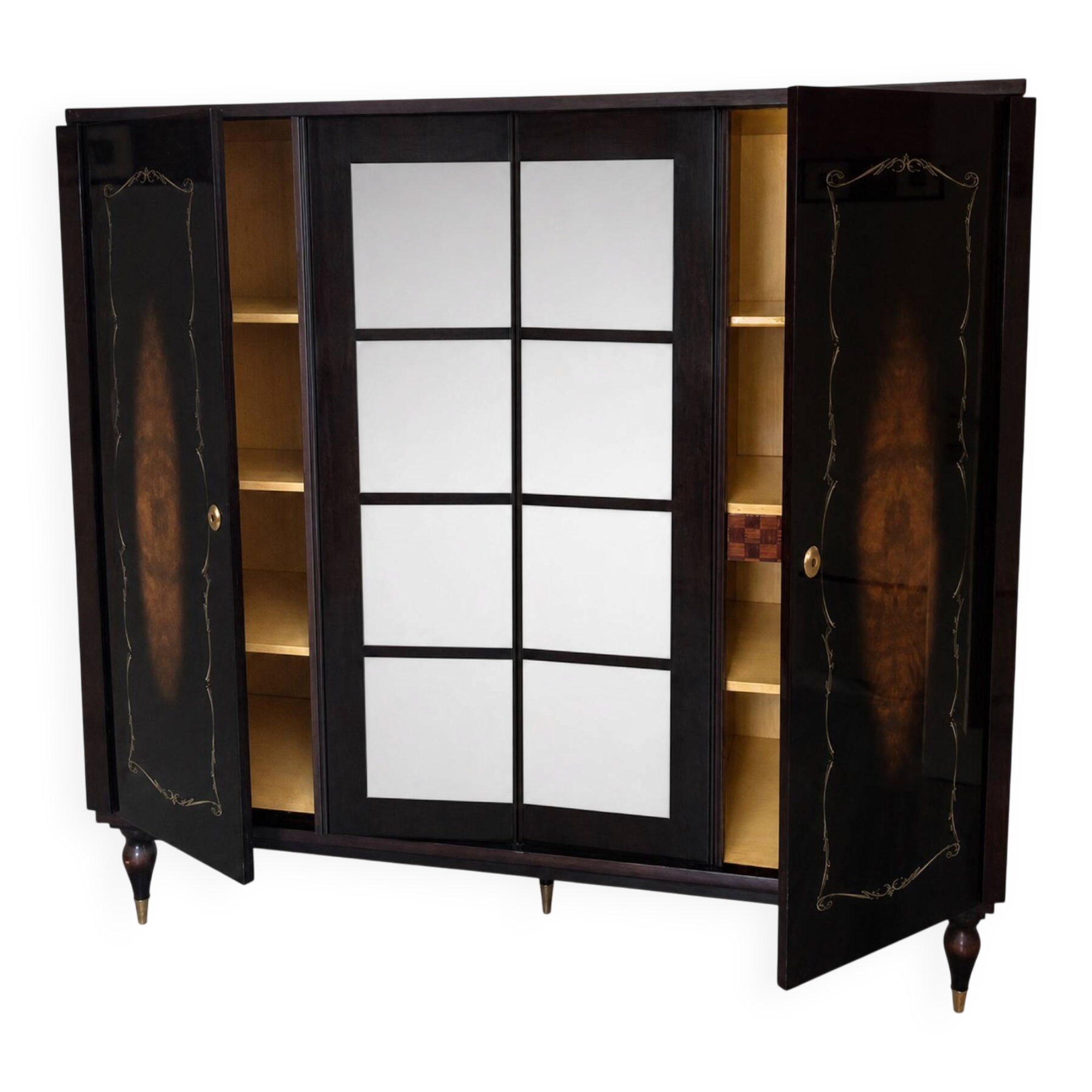 Art Deco style walnut veneer wardrobe – 4 doors and mirror