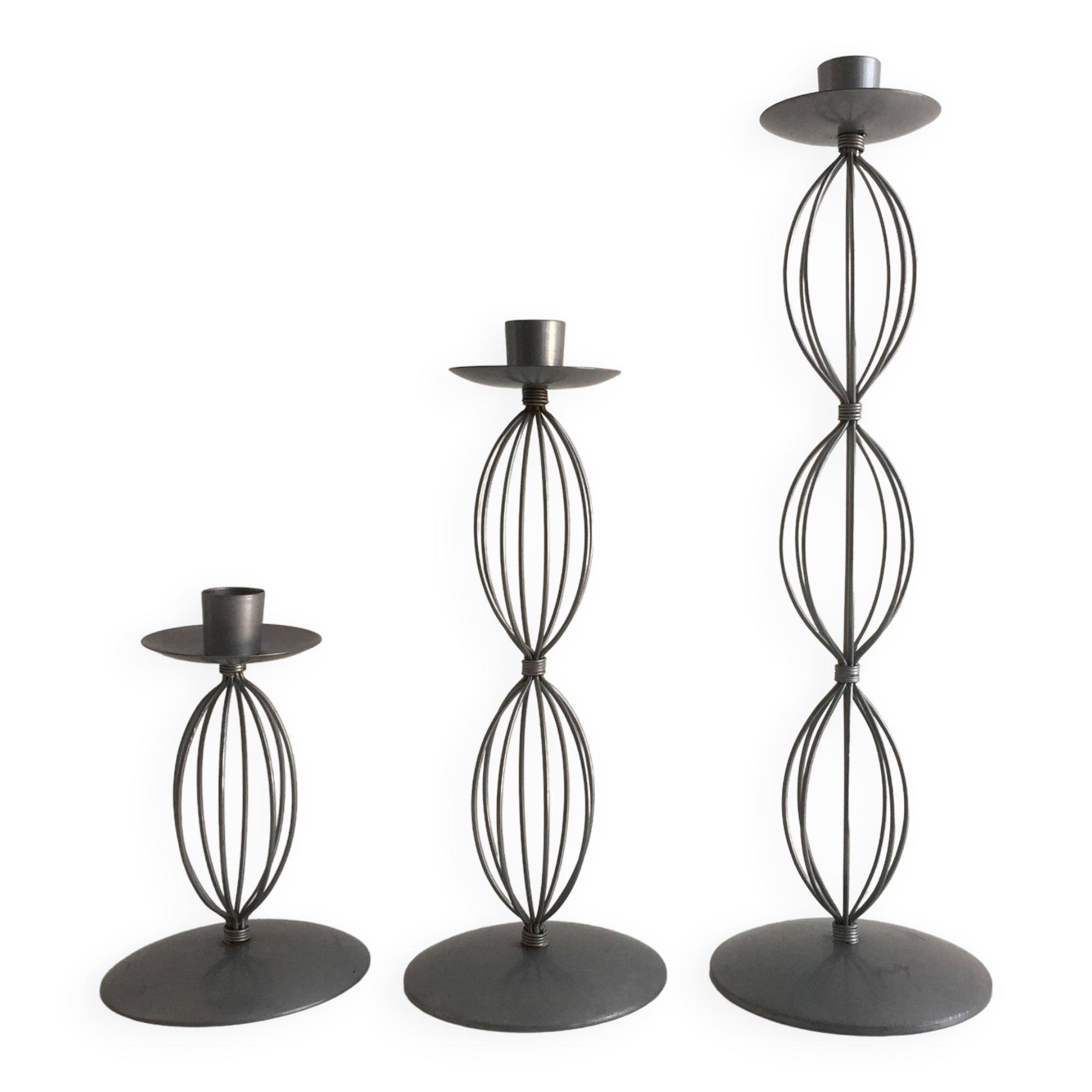 Trio of Candleholders Contemporary Candlesticks Design Metal Old Silver