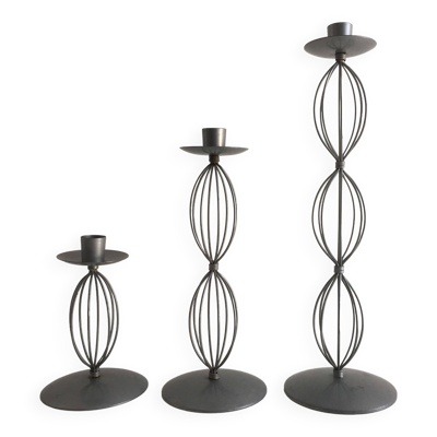 Trio de Bougeoirs Chandeliers Contemporains Design Métal Vieil Argent
