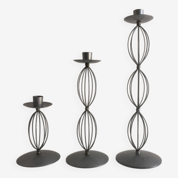 Trio of Candleholders Contemporary Candlesticks Design Metal Old Silver