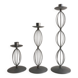 Trio of Candleholders Contemporary Candlesticks Design Metal Old Silver