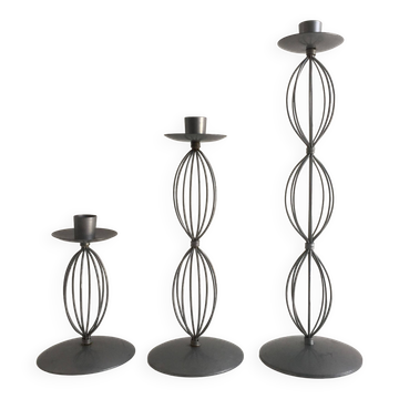 Trio of Candleholders Contemporary Candlesticks Design Metal Old Silver