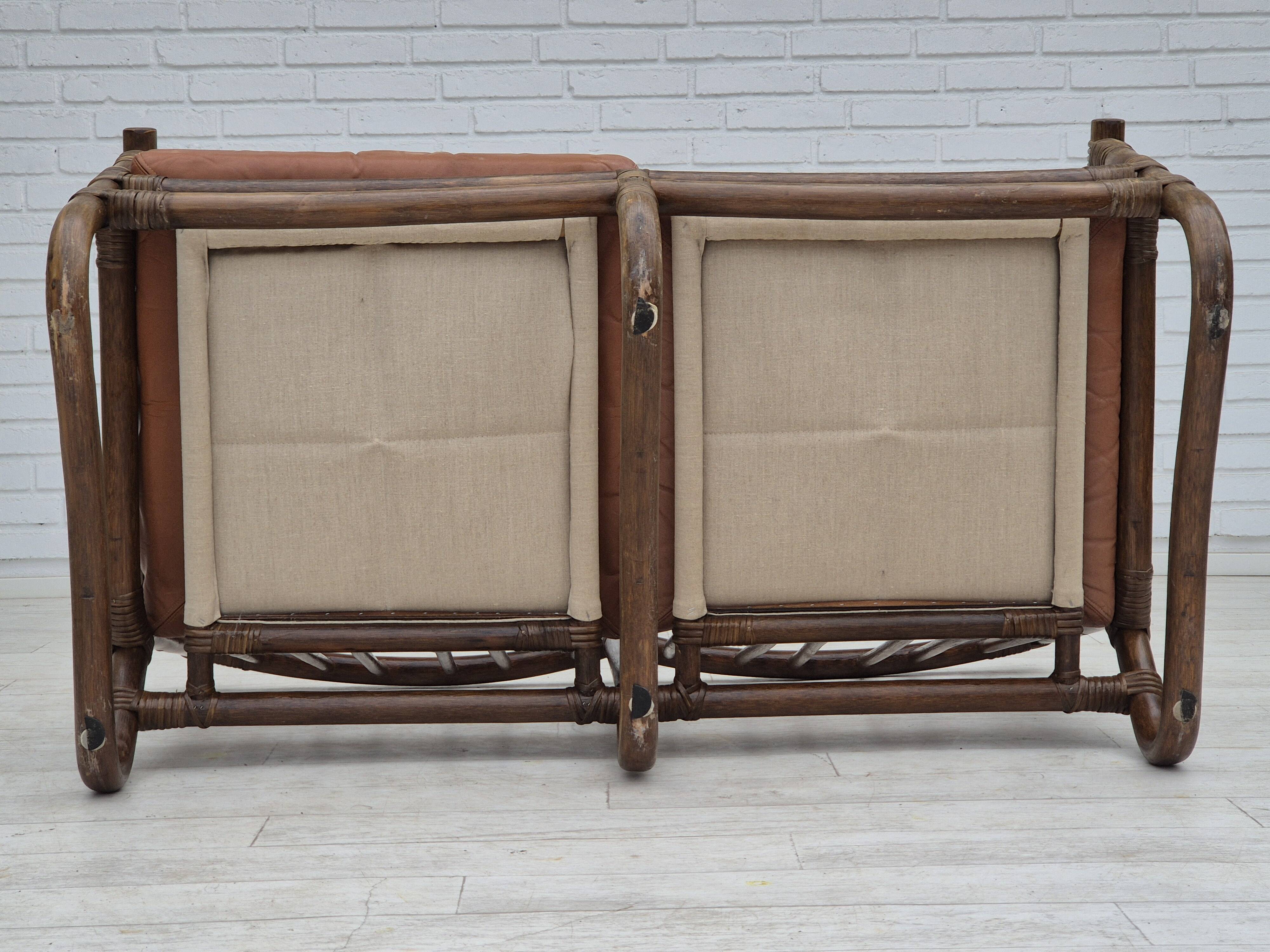 1970s, Scandinavian 2 seater sofa, original very good condition, bamboo, leather.