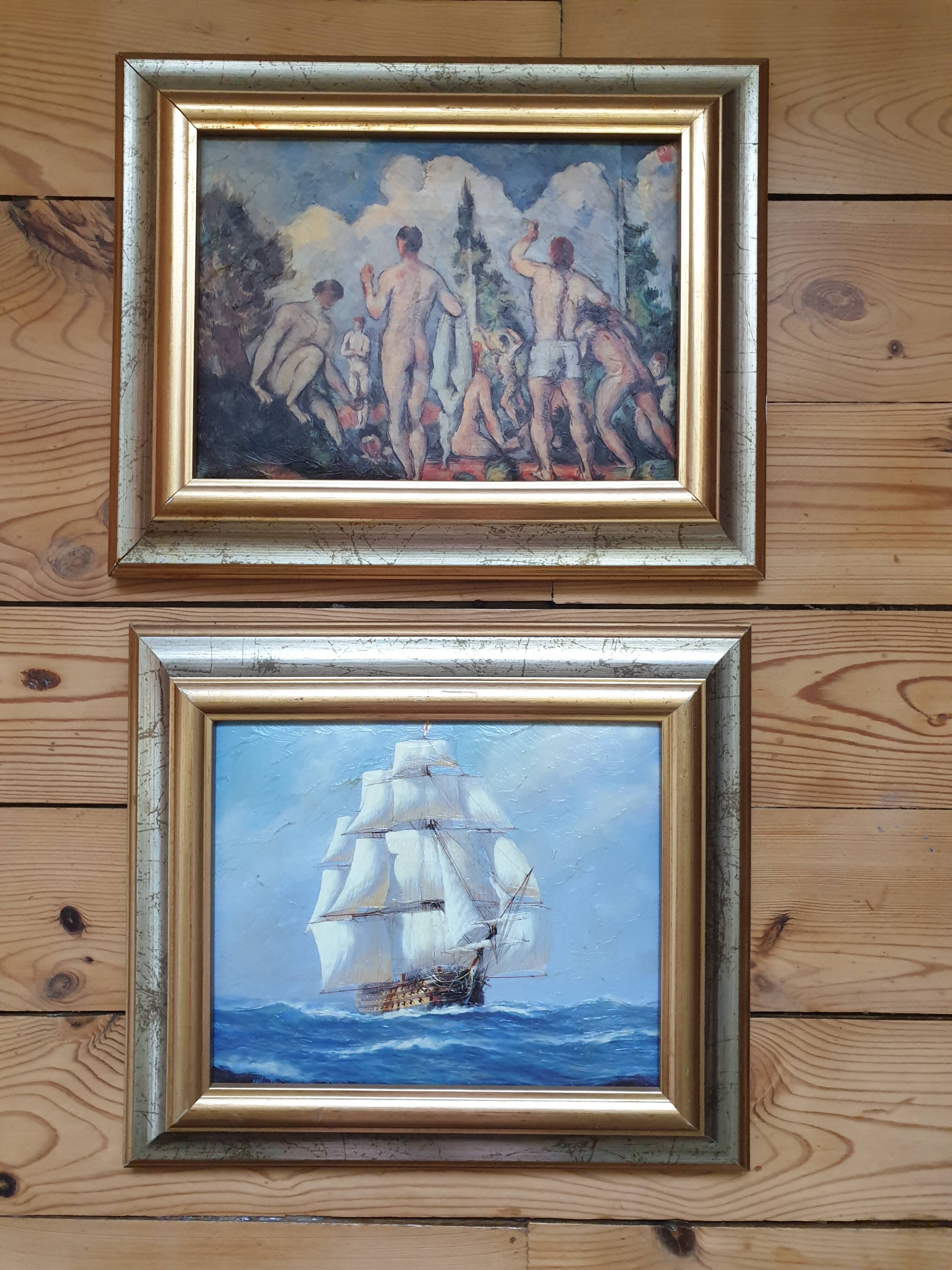 Set of two paintings with identical gold and silver frames