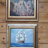 Set of two paintings with identical gold and silver frames