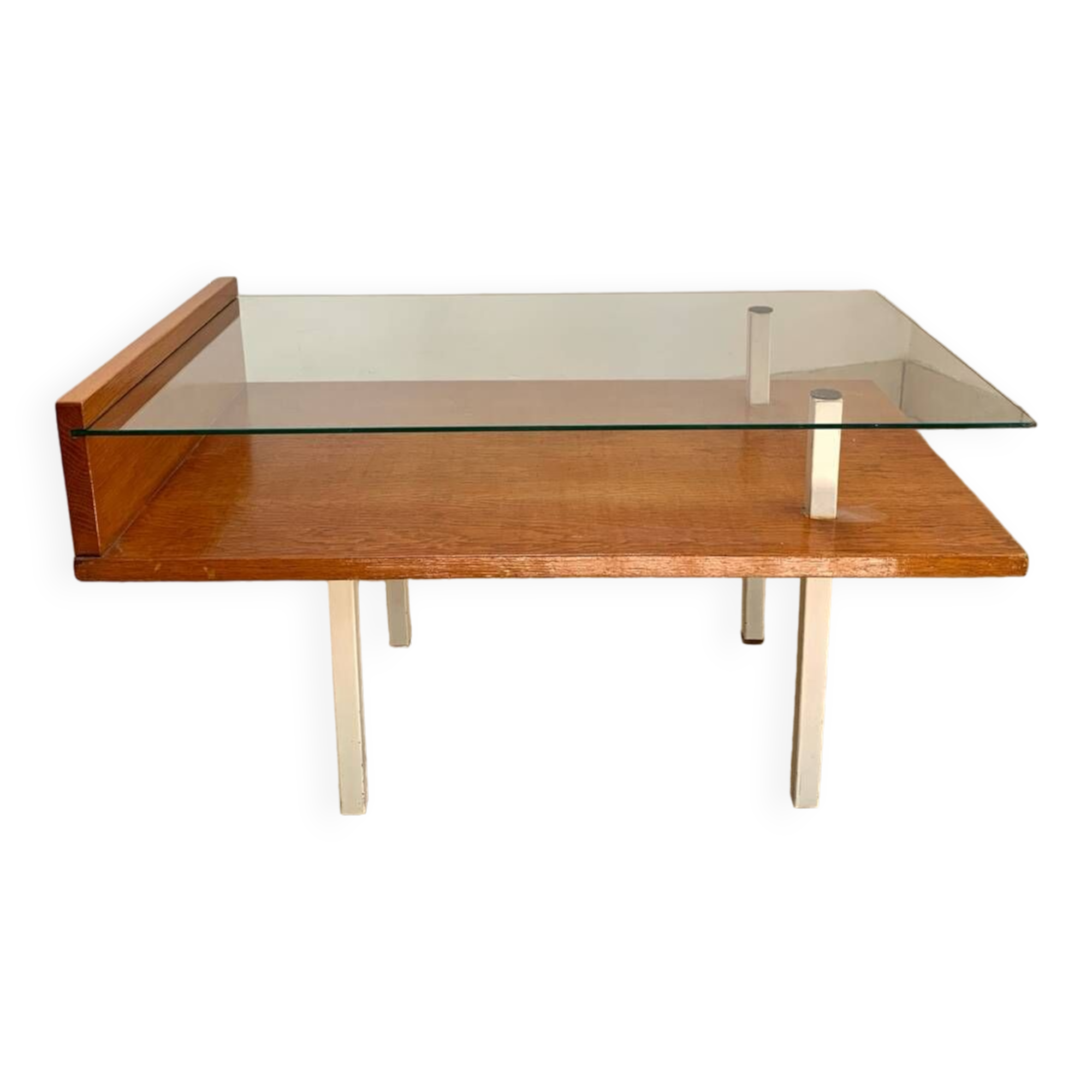 Table basse moderniste en bois , métal et verre