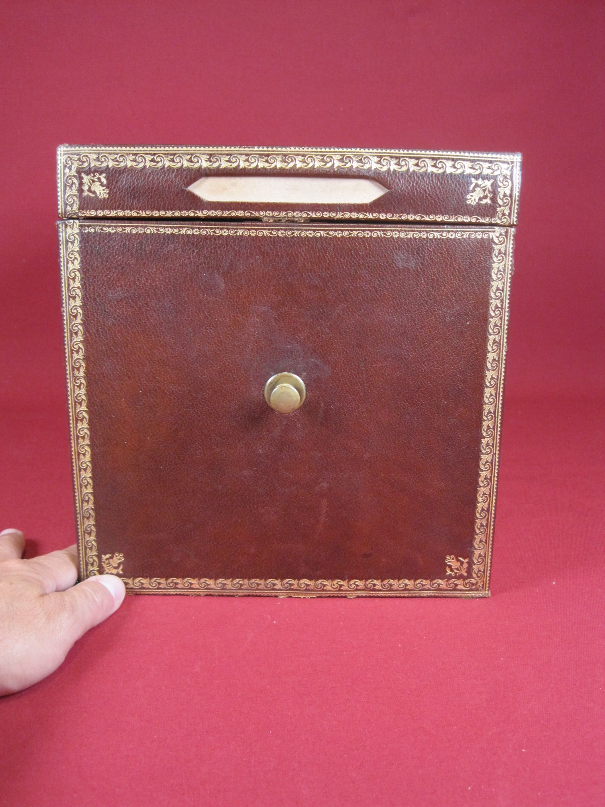 Old notary archive box in wood & leather, Office furniture early XX th