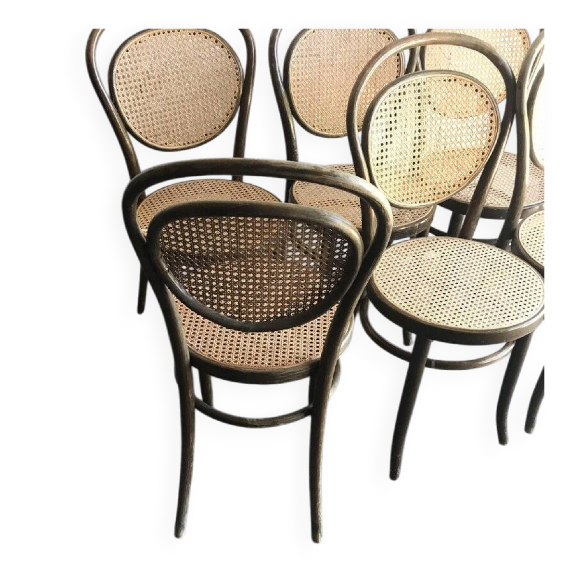 Set of 6 brown bistro chairs in beech with natural cane seat, Germany 1960s.