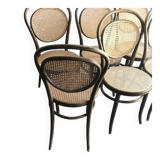 Set of 6 brown bistro chairs in beech with natural cane seat, Germany 1960s.