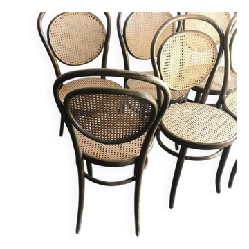Lot de 6 chaises bistrot marron en hêtre avec assise cannage naturel, Allemagne 1960s