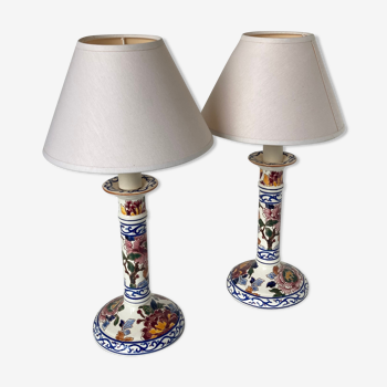 Pairs of lamps in fine Gien earthenware decorated by hand