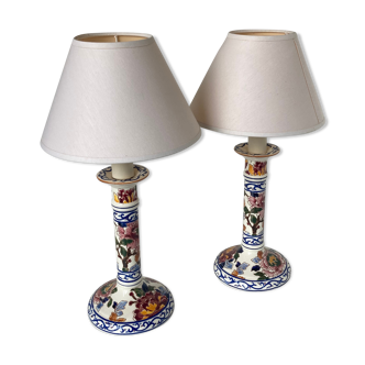 Paires de lampes en faïence fine de Gien décorée à la main