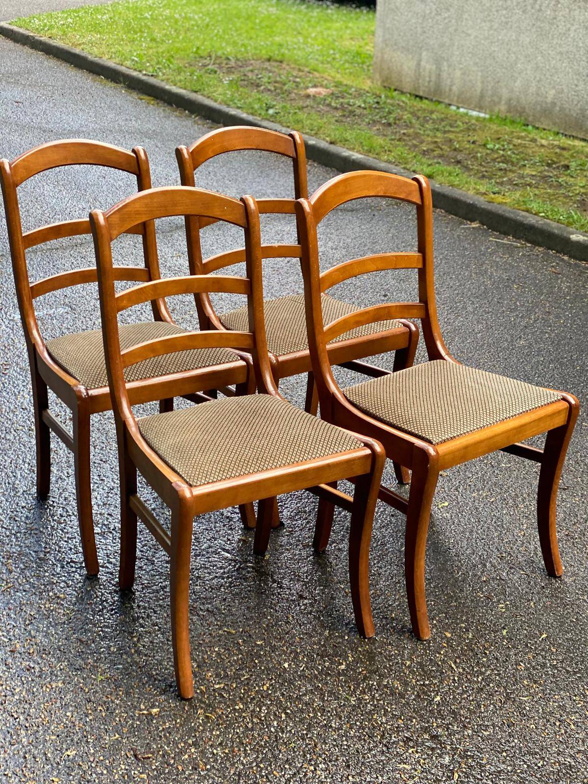 4 chairs in solid blond wood and brown beige embroidered tiled velvet suede