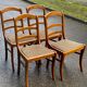 4 chairs in solid blond wood and brown beige embroidered tiled velvet suede
