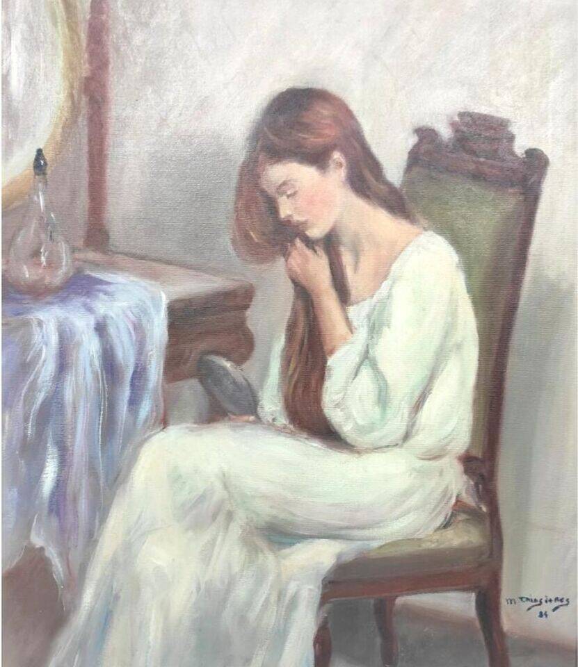 Jeune fille se peignant les cheveux 1984 signé, Portrait