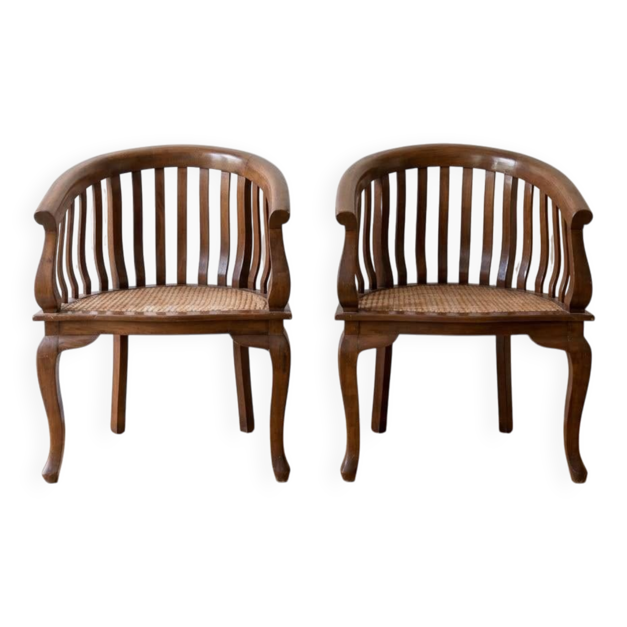 Pair of antique wooden and caned armchairs