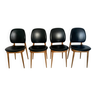 Set of 4 vintage "Pégase" chairs - Baumann design, light wood & leatherette